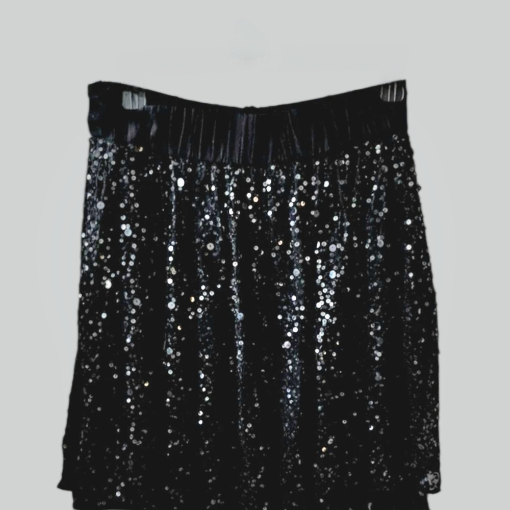 ANTIK BATIK Chic Black Sequin Skirt, SIZE 8, Ruffled Lining NWOT